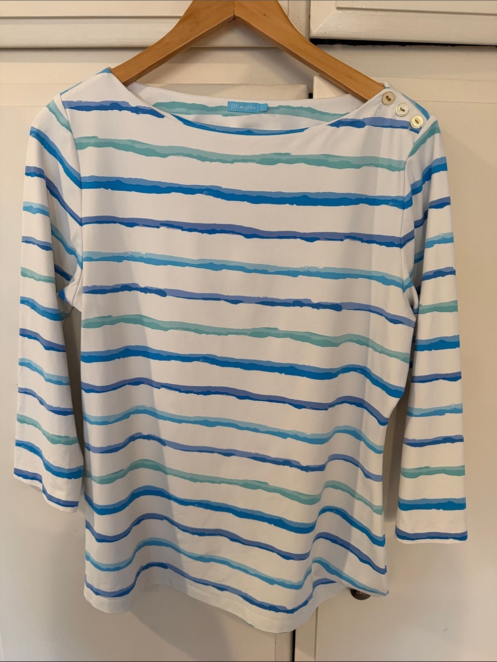 Striped Boatneck Long Sleeve Tee in White and Blue by J.McLaughlin